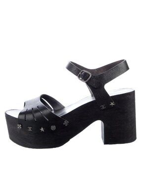 CHANEL Black Studded CC Logo Wooden Clog Sandals